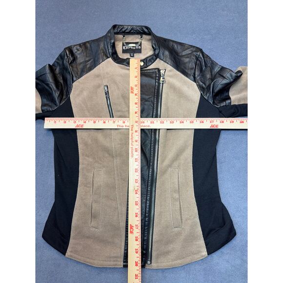 Express Two Toned Beige and Black Leather Full Zip Blazer Jacket Poly Women Med - Picture 6 of 10